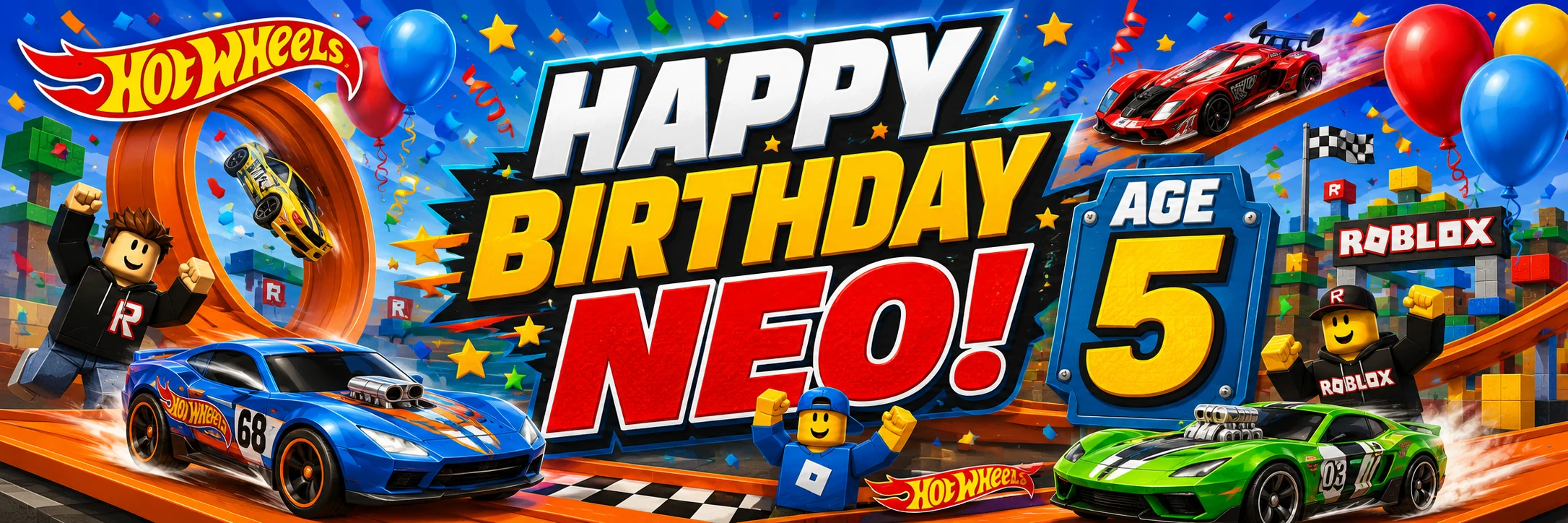 Happy Birthday Neo! Age 5, with Hot Wheels and Roblox artwork