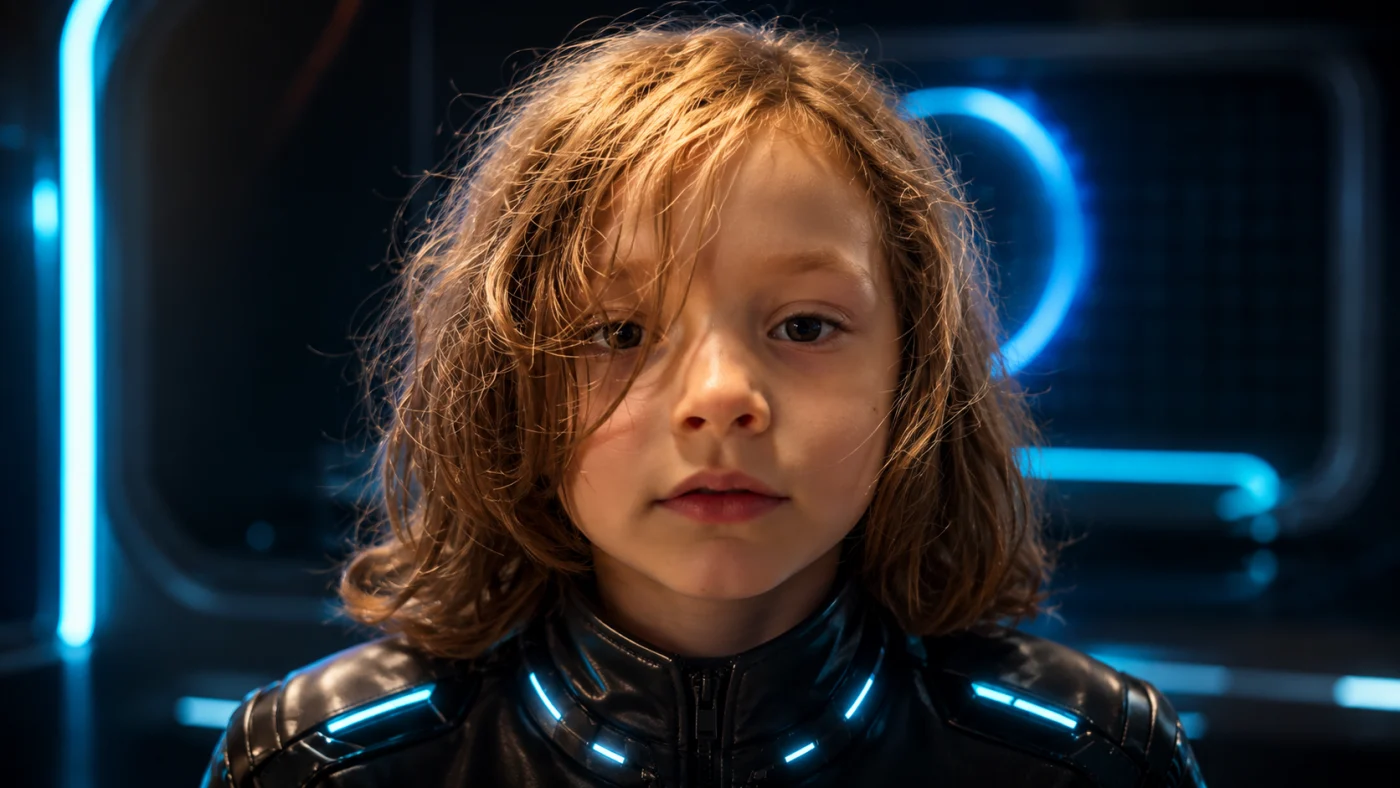 Young Neo in a futuristic illuminated suit